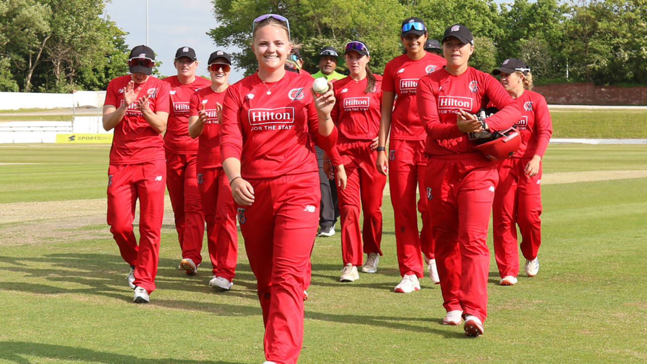Sophie Morris celebrates her five wickets, Metro Bank One Day Cup Women, Lancashire vs Durham, Blackpool, May 19, 2025