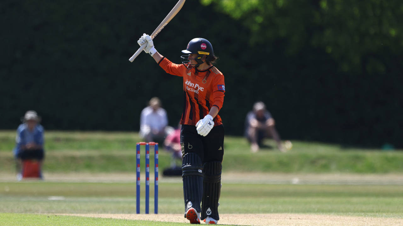 Georgia Elwiss acknowledges her fifty, Surrey vs The Blaze, Women's One-Day Cup, Beckenham, May 14, 2025