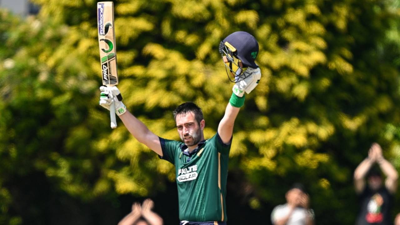 Andy Balbirnie brings up his ninth ODI hundred, Ireland vs West Indies, 1st ODI, Dublin, May 21, 2025