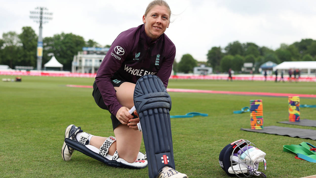 Heather Knight straps her pads on, England vs West Indies, 1st women's T20I, Canterbury, May 21, 2025