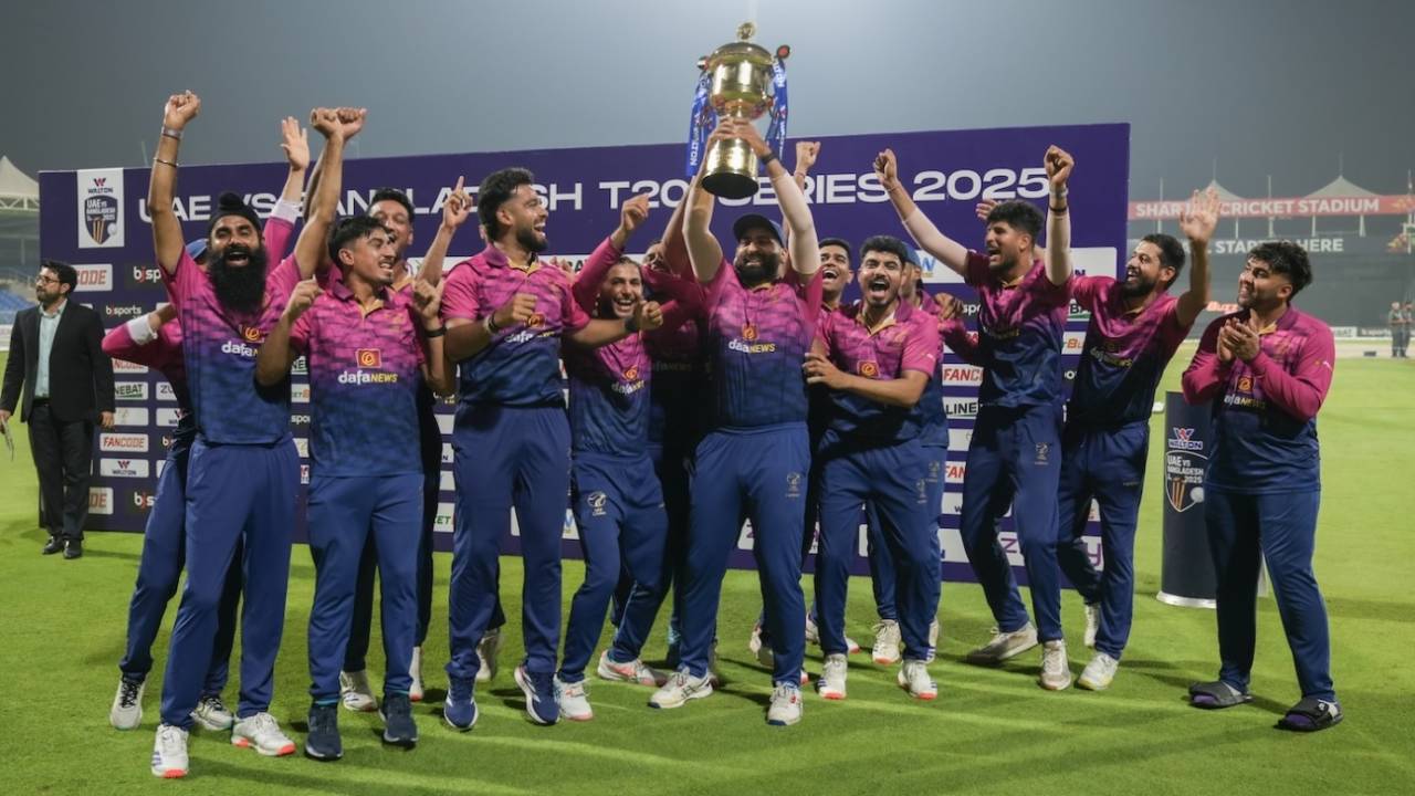 A victorious UAE team celebrates the series win, UAE vs Bangladesh, 3rd T20I, Sharjah, May 21, 2023