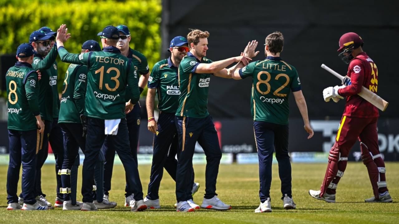 Barry McCarthy celebrates with his team-mates, Ireland vs West Indies, 2nd ODI, Dublin, May 23, 2025