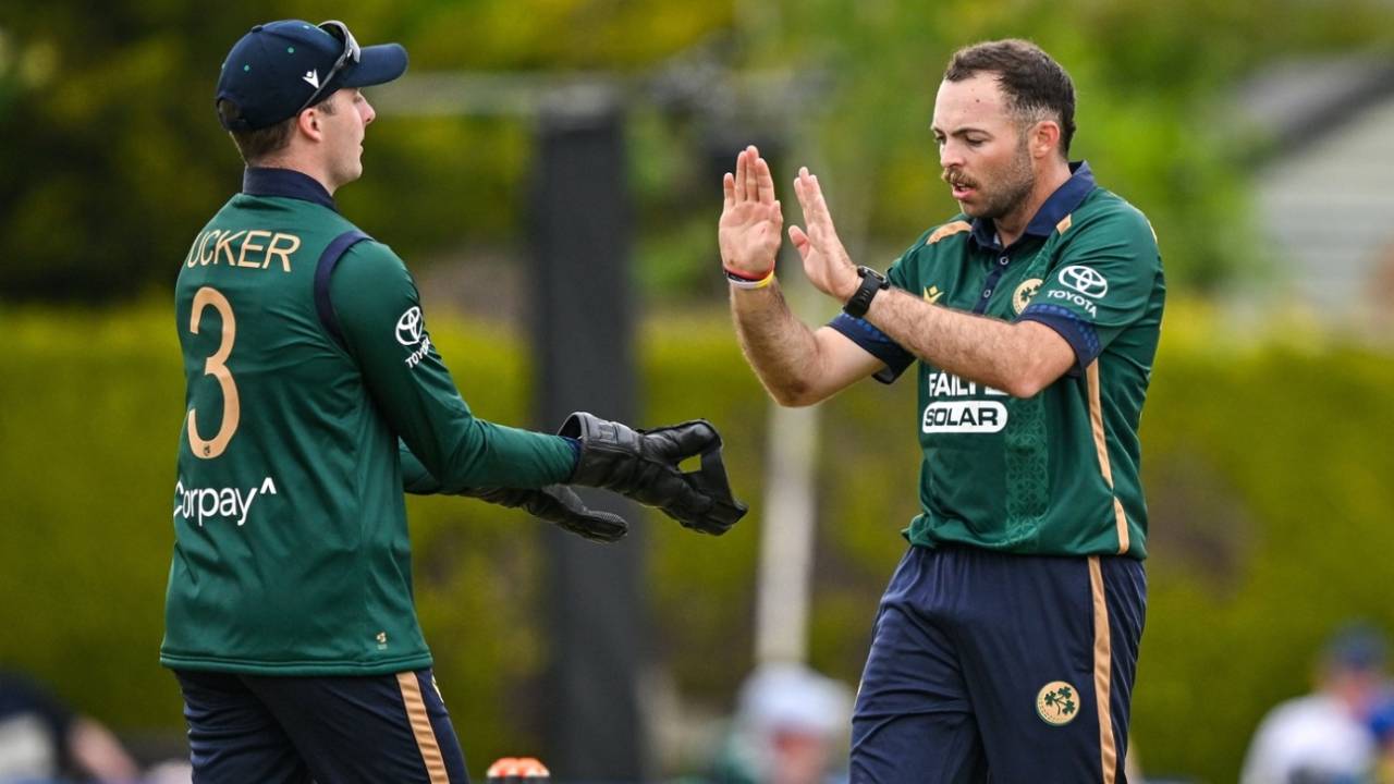 Lorcan Tucker and Liam McCarthy celebrate Keacy Carty's wicket, Ireland vs West Indies, 2nd ODI, Dublin, May 23, 2025