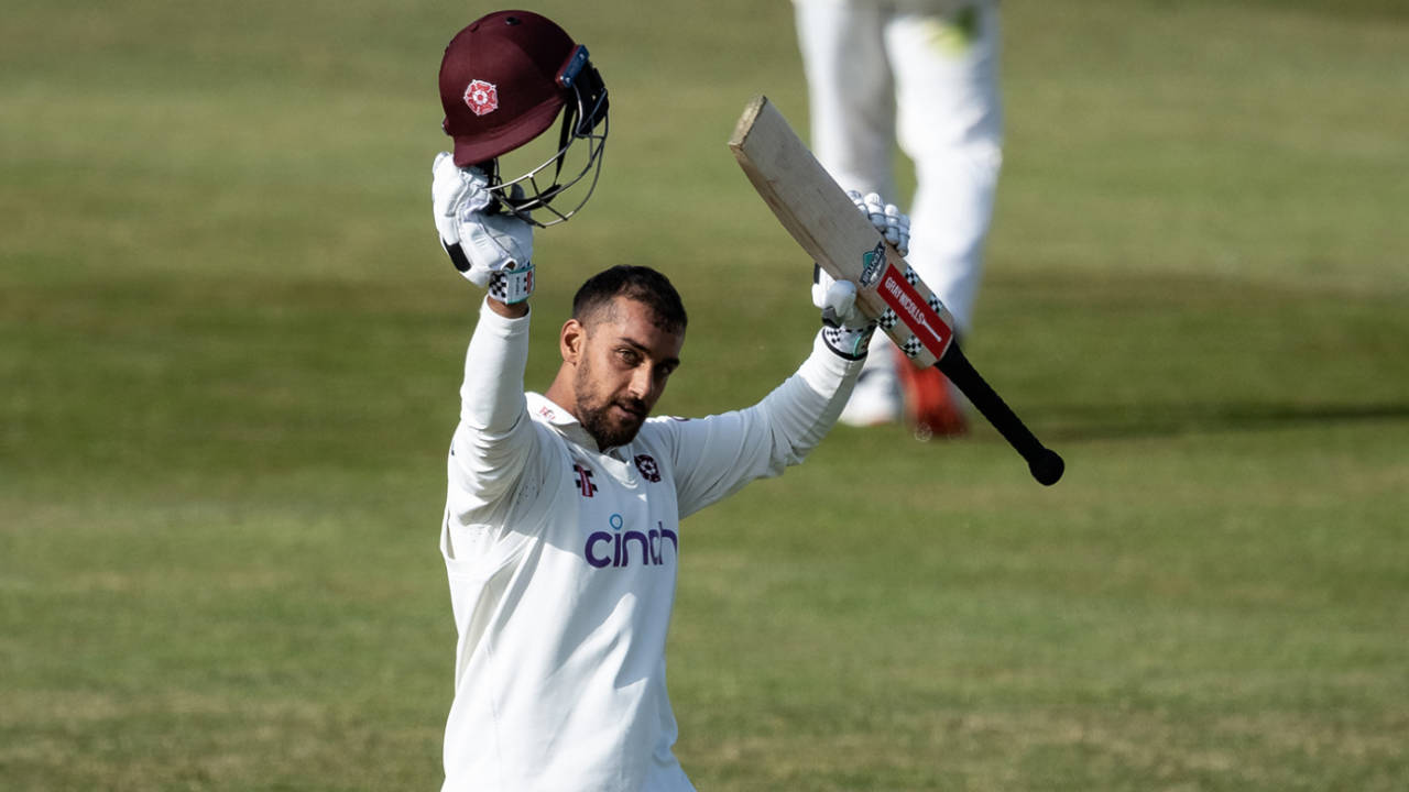 Saif Zaib raises his bat on reaching a century, Northamptonshire vs Gloucestershire, County Championship, Wantage Road, May 23, 2025