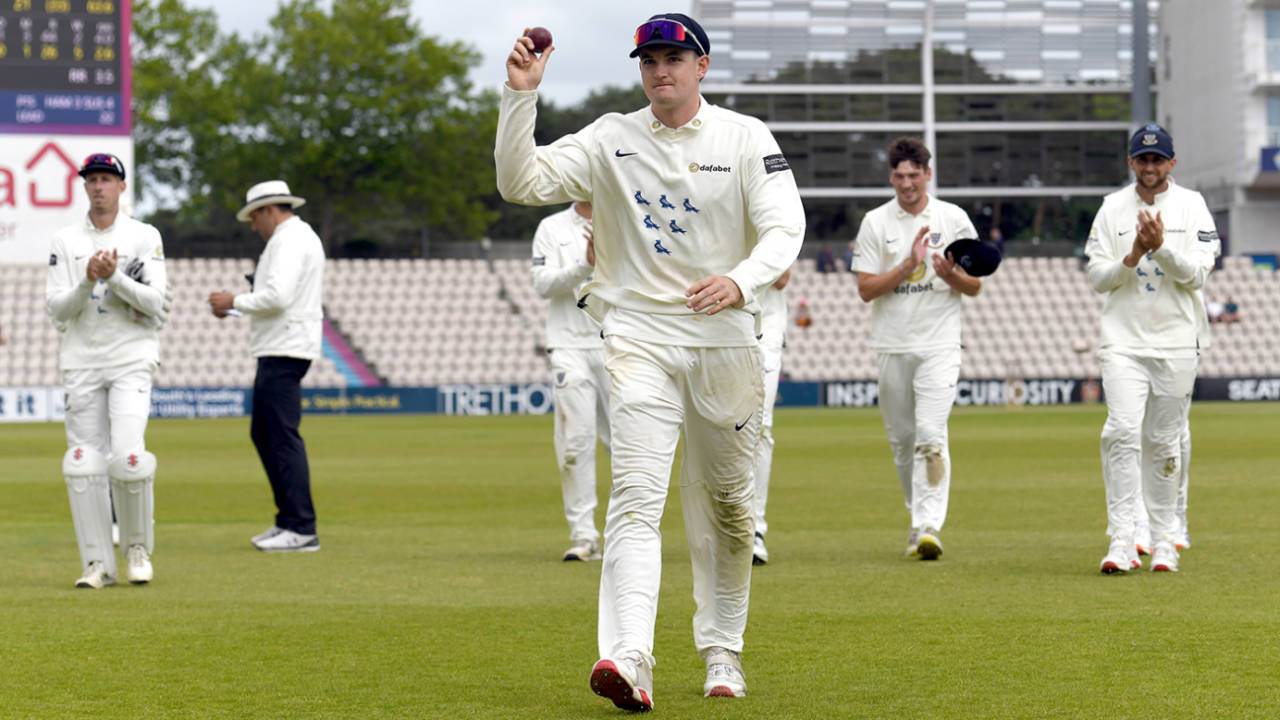 Jack Carson walks off with the match ball after taking 5 for 26, Hampshire vs Sussex, County Championship, Division One, Utilita Bowl, May 25, 2025