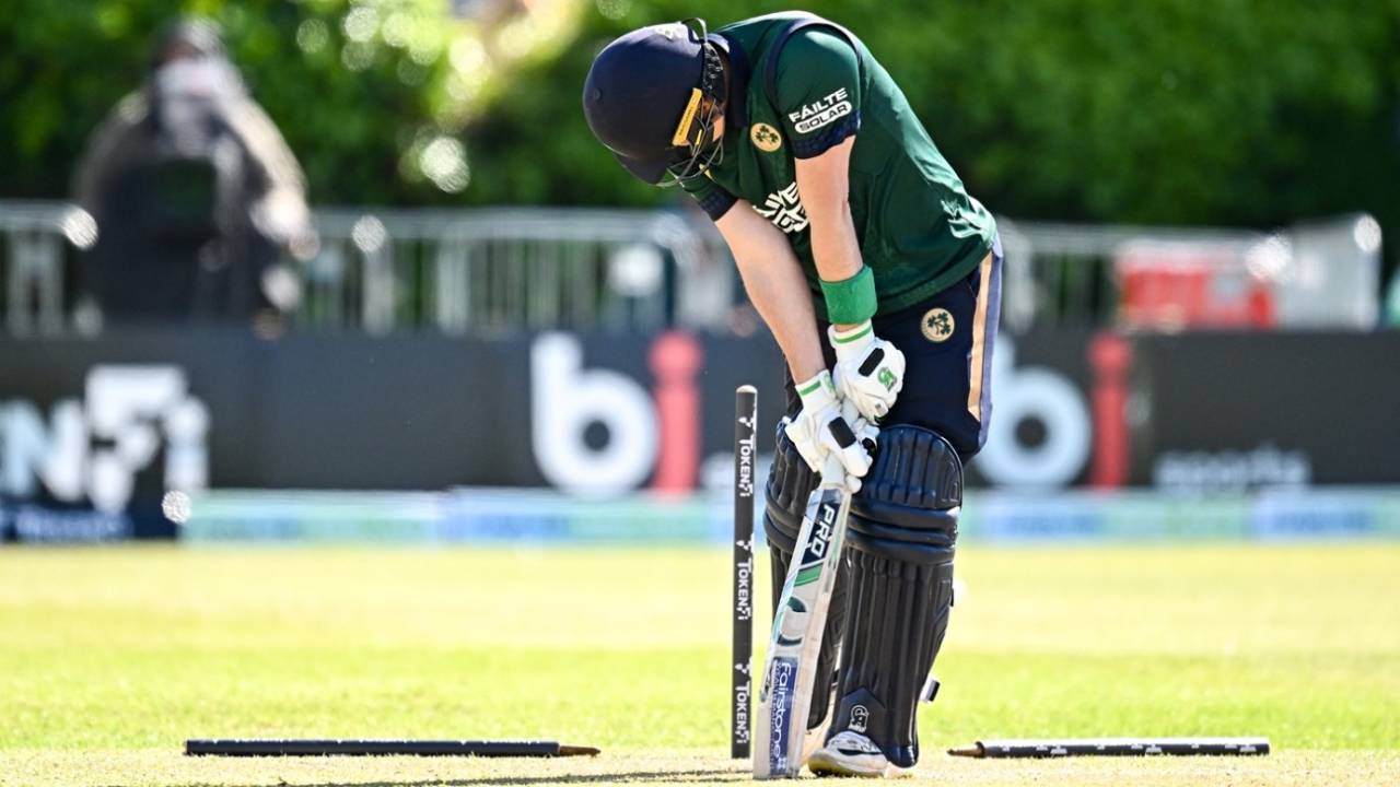 Andy Balbirnie was bowled for 3, Ireland vs West Indies, 3rd ODI, Dublin, May 25, 2025