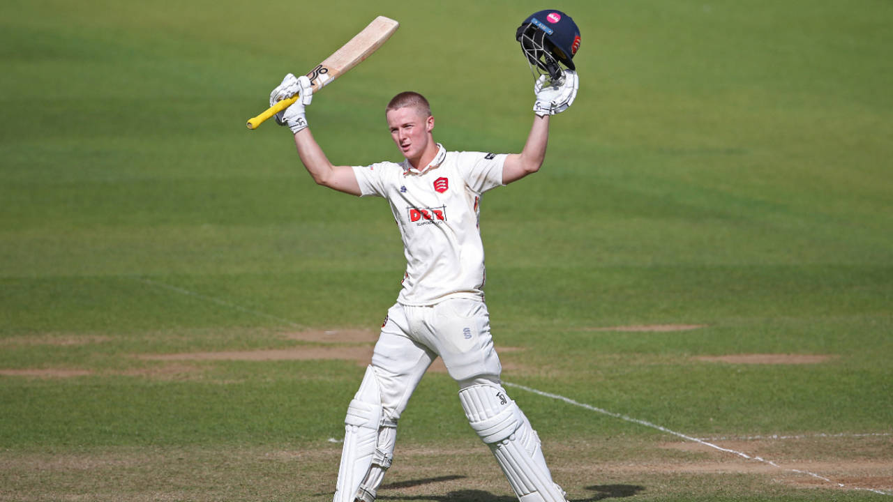 Charlie Allison celebrates his maiden first-class century, Surrey vs Essex, County Championship, Division One, Kia Oval, May 25, 2025