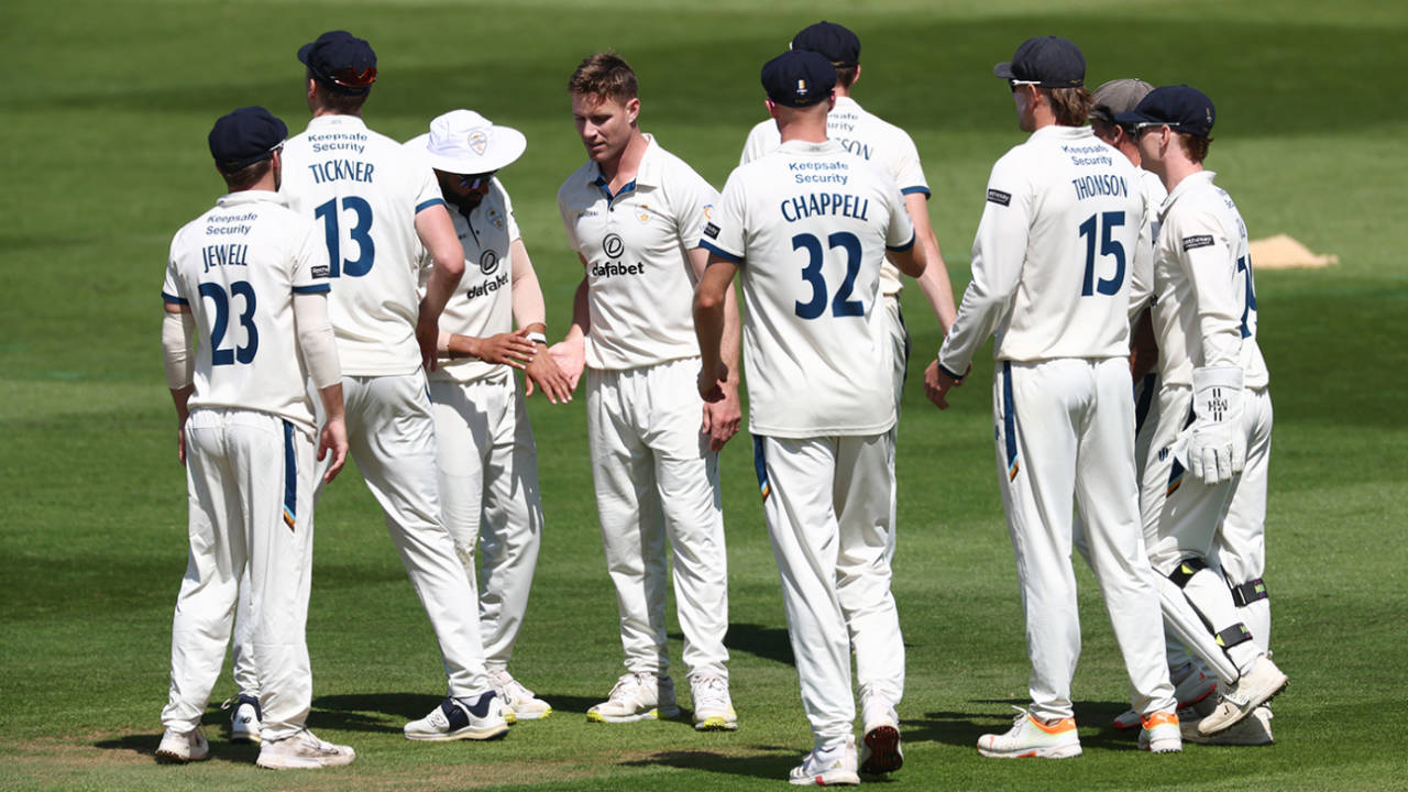Luis Reece is congratulated on a wicket, Glamorgan vs Derbyshire, County Championship, Cardiff, May 2, 2025