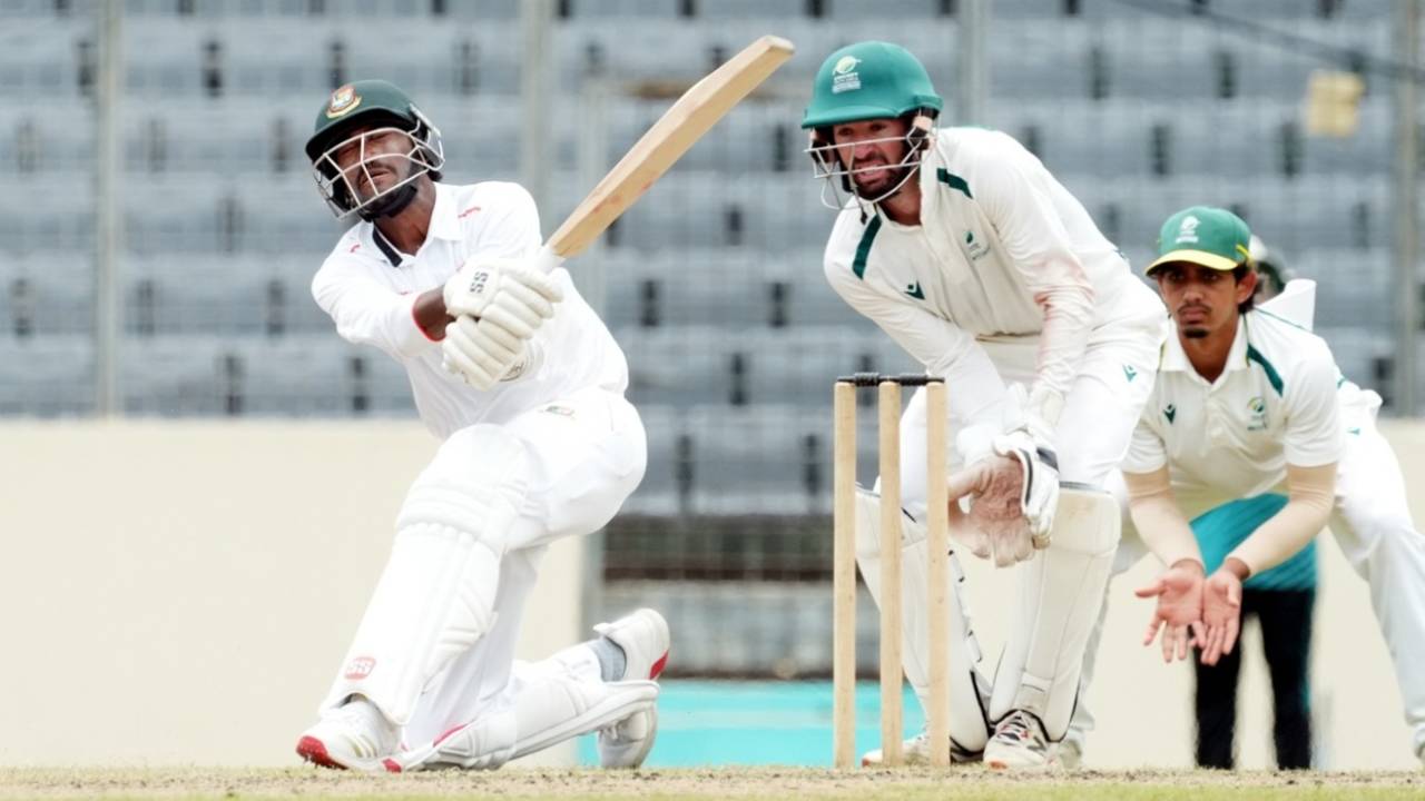 Ripon Mondol plays a shot against South Africa Emerging, Bangladesh Emerging vs South Africa Emerging, 2nd unofficial Test, Mirpur, day 2, May 28, 2025