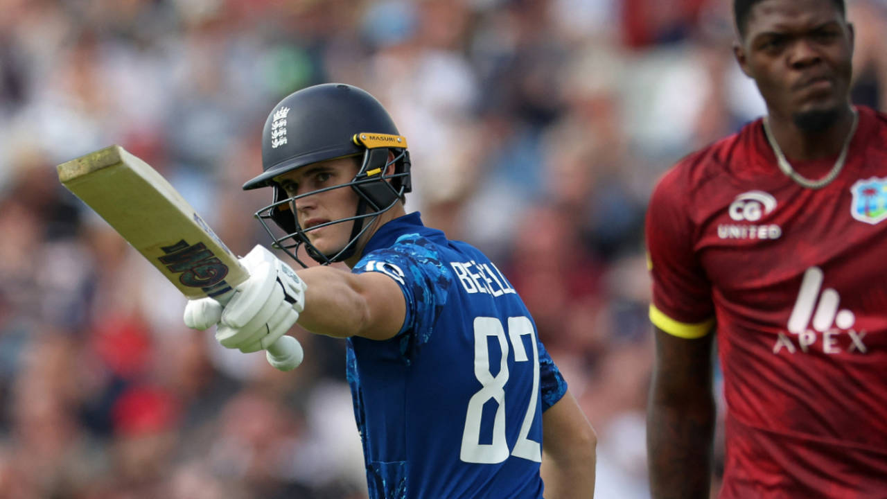 Jacob Bethell salutes the dressing-room after his half-century, England vs West Indies, 1st Men's ODI, Edgbaston, May 29, 2025