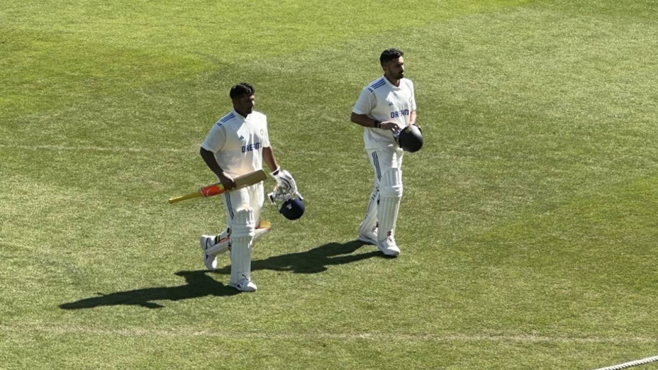 Sarfaraz Khan and Karun Nair walk back after a wicketless session, England Lions vs India A, 1st unofficial Test, Canterbury, 1st day, May 30, 2025