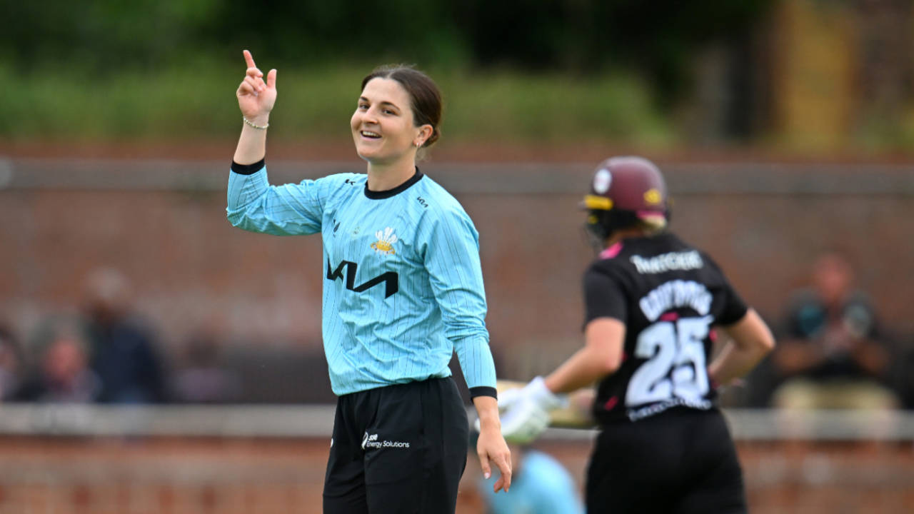 Phoebe Franklin celebrates a breakthrough for Surrey, Somerset vs Surrey, Women's Vitality Blast, Taunton, May 30, 2025