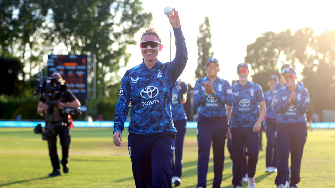 Linsey Smith holds the ball aloft for her five-for, England vs West Indies, 1st women's ODI, Derby, May 30, 2025