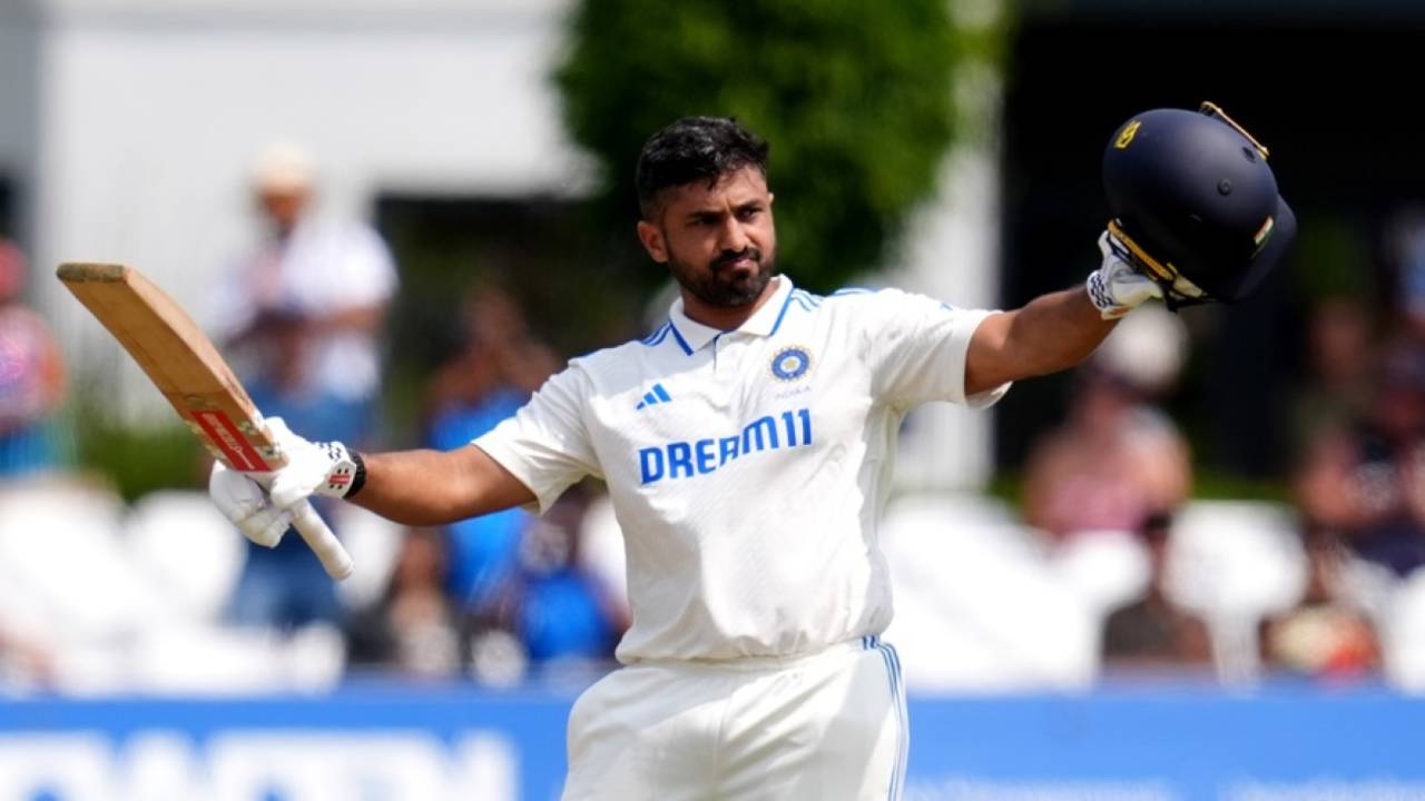 Karun Nair celebrates after recording his fourth first-class double-century, England Lions vs India A, 1st unofficial Test, Canterbury, 2nd day, May 31, 2025