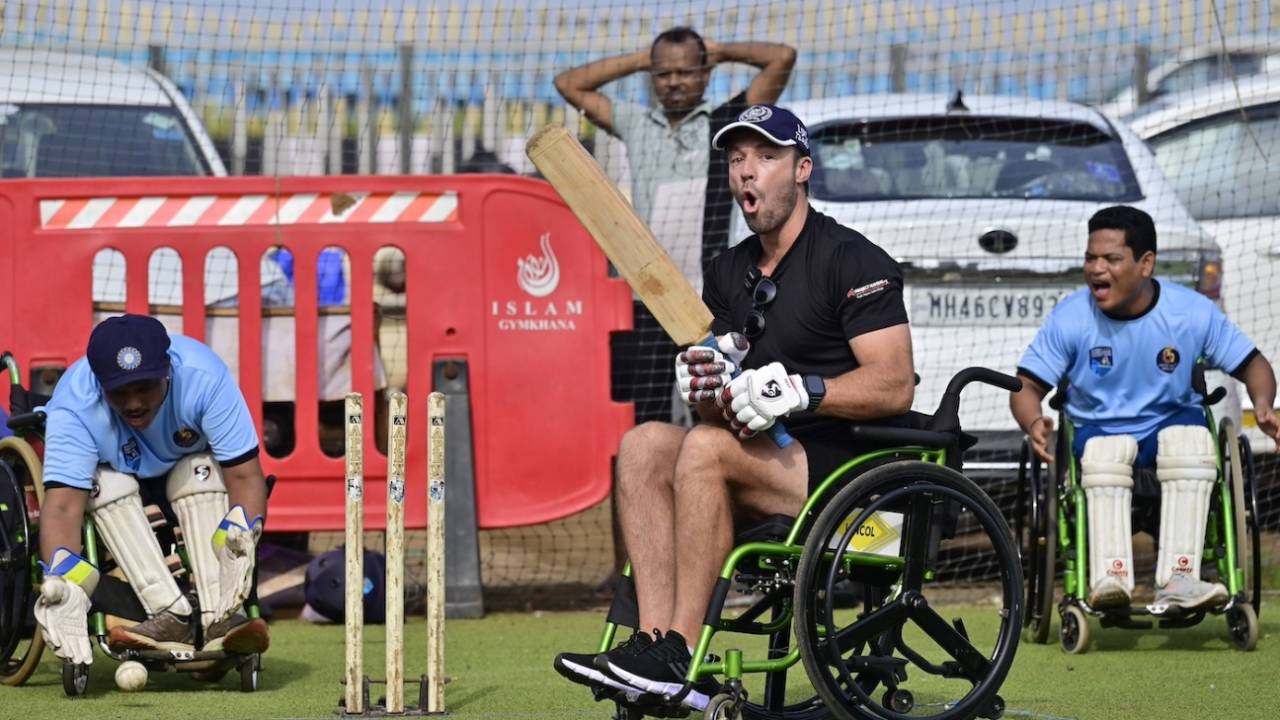 AB de Villiers reacts after missing a ball while at a Mumbai Wheelchair cricket team training session, Mumbai, May 31, 2025