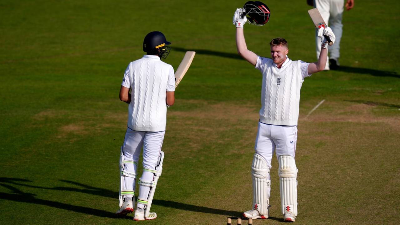 Dan Mousley celebrates a maiden first-class century, England Lions vs India A, 1st unofficial Test, Canterbury, 3rd day, June 1, 2025