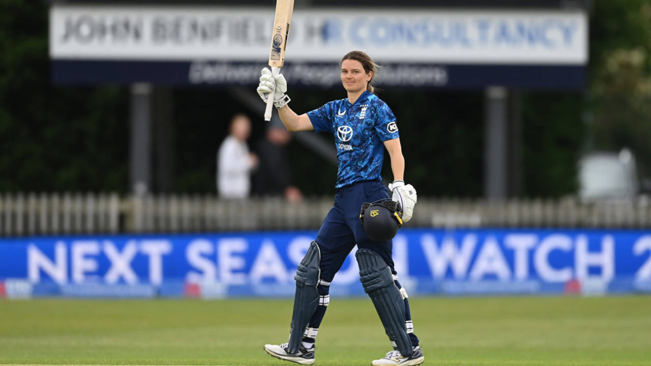 Amy Jones celebrates after reaching her century, England vs West Indies, 1st women's ODI, Derby, May 30, 2025
