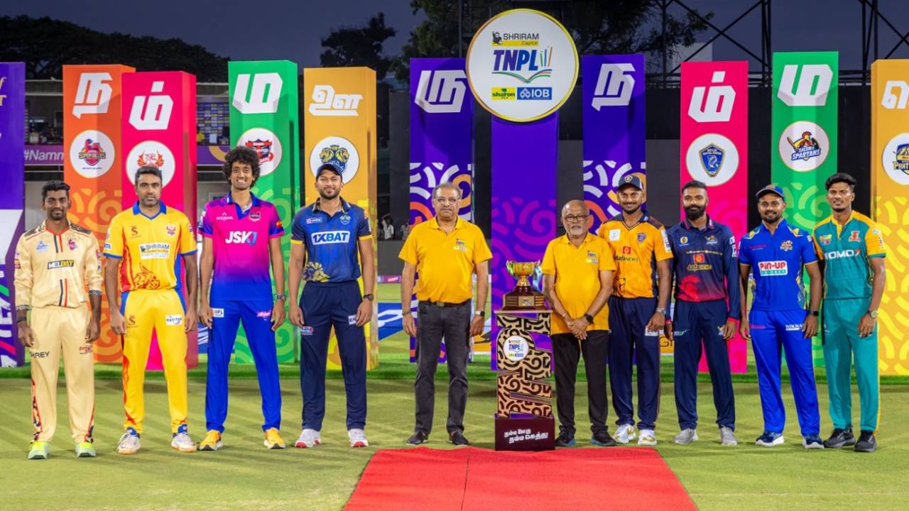 B Aparajith, R Ashwin, R Sai Kishore, M Shahrukh Khan, KB Arun Karthik, S Abishiek, NS Chaturved, J Suresh Kumar pose with the TNPL trophy, Coimbatore, June 5, 2025