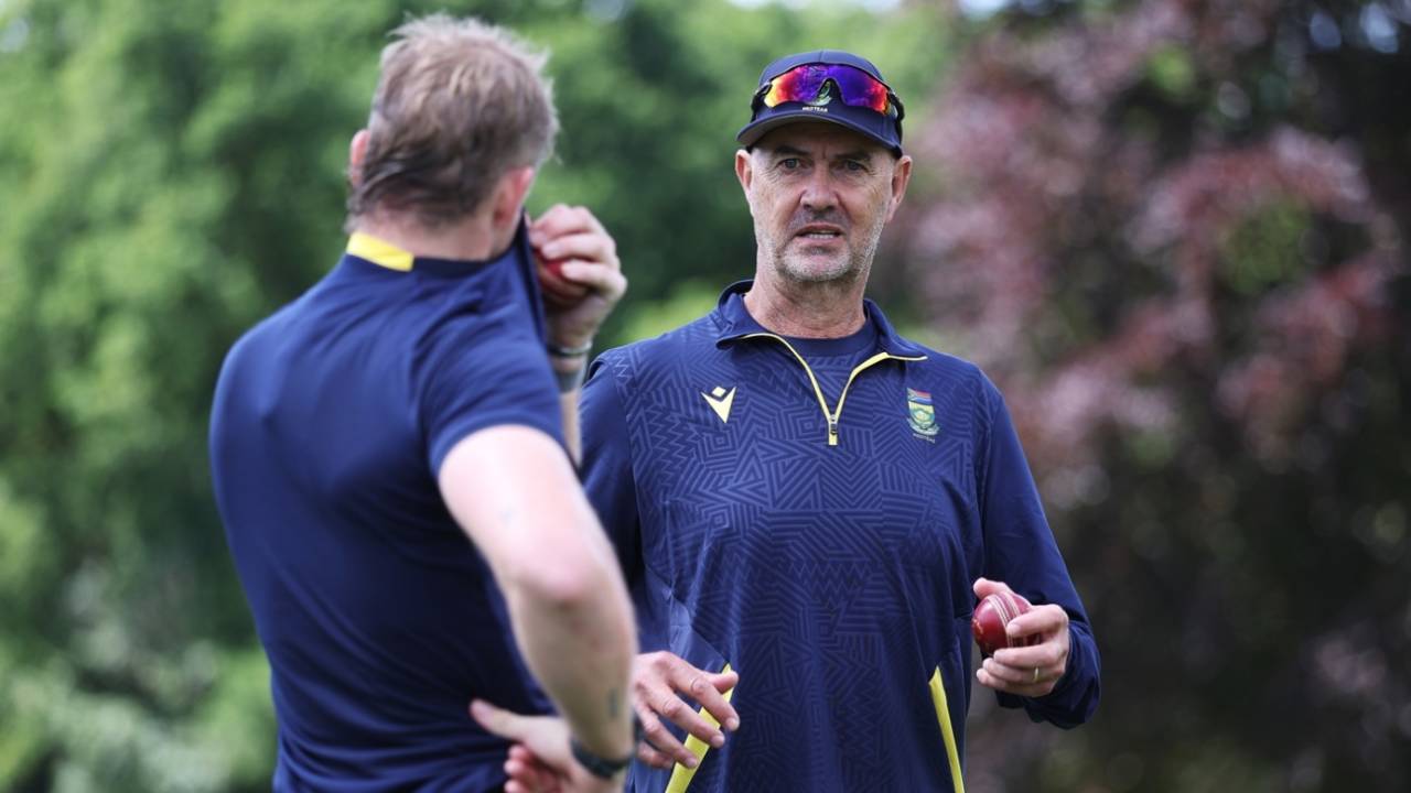 South Africa's bowling coach Piet Botha speaks to Corbin Bosch, Arundel, June 2, 2025