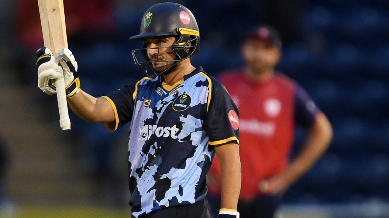 Kiran Carlson raises his bat on his way to 93, Glamorgan vs Essex, Men's T20 Blast, Cardiff, June 6, 2025