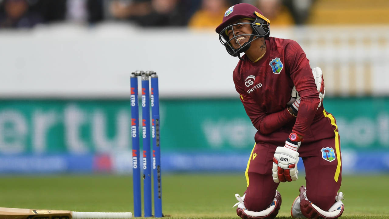 Shemaine Campbelle winces after taking a ball to the ribs, England vs West Indies, 3rd Women's ODI, Taunton, June 7, 2025