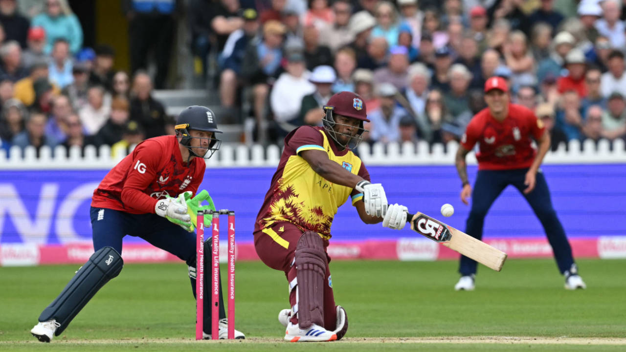 Johnson Charles swings across the line, England vs West Indies, 2nd T20I, Bristol, June 8, 2025