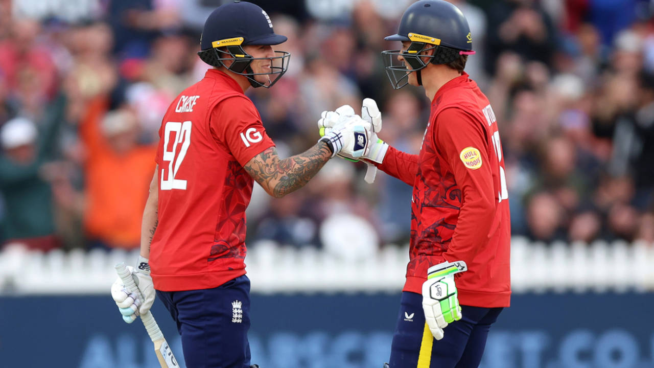 Tom Banton gets a handshake from Brydon Carse after England sealed victory, England vs West Indies, 2nd T20I, Bristol, June 8, 2025