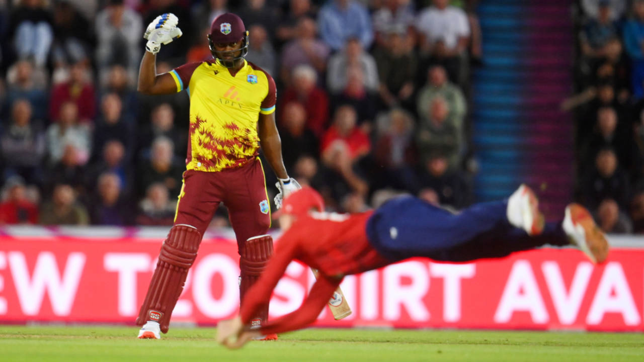 Romario Shepherd fell to a diving catch from Harry Brook, England vs West Indies, 3rd T20I, Southampton, June 10, 2025