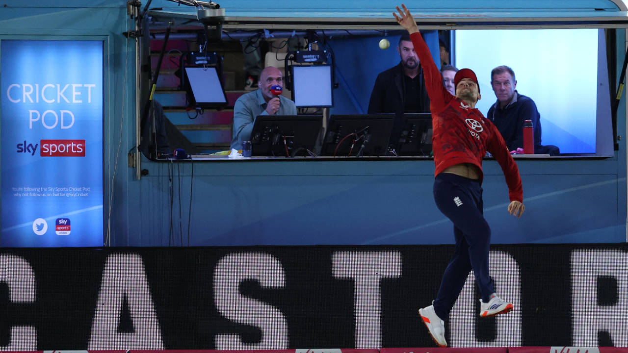 Will Jacks leaps as Mark Butcher commentates on another six for Sky Sports, England vs West Indies, 3rd T20I, Southampton, June 10, 2025
