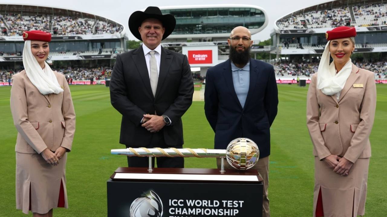 Hall of Famers Matthew Hayden and Hashim Amla with the WTC mace, Australia vs South Africa, World Test Championship final, 1st day, Lord's, June 11, 2025