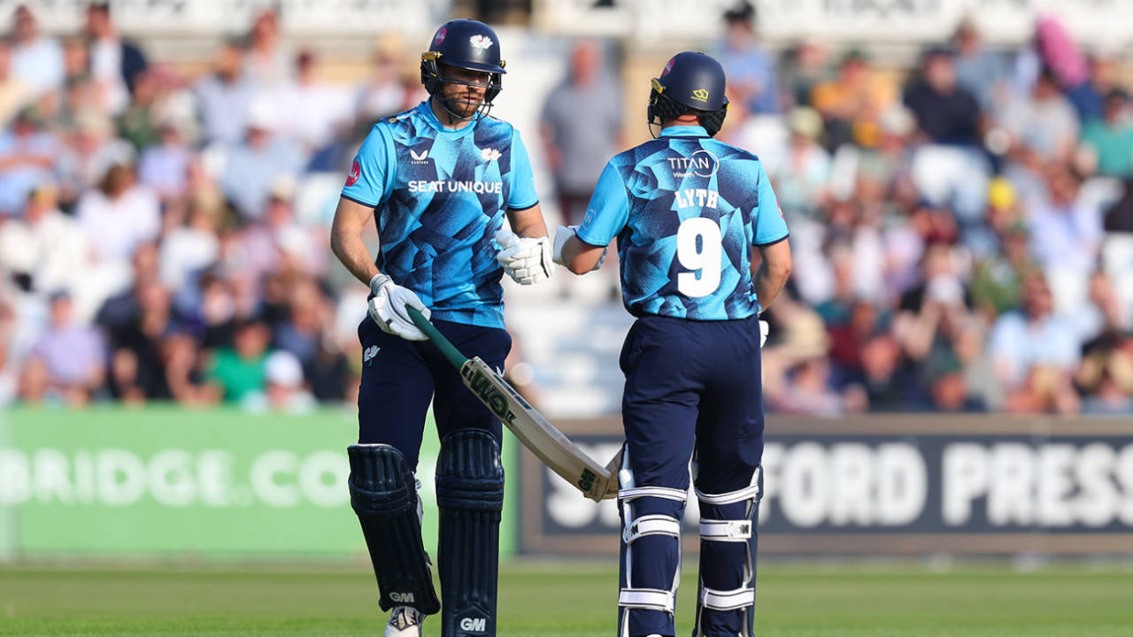 Dawid Malan (L) and Adam Lyth (R) bring up their 50 partnership, Notts Outlaws vs Yorkshire, Vitality T20 Blast North Group, Trent Bridge, June 11, 2025 