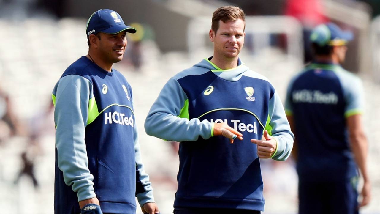 Steven Smith with a heavily-taped right little finger as Usman Khawaja looks on, Australia vs South Africa, World Test Championship final, fourth day, Lord's, June 14, 2025