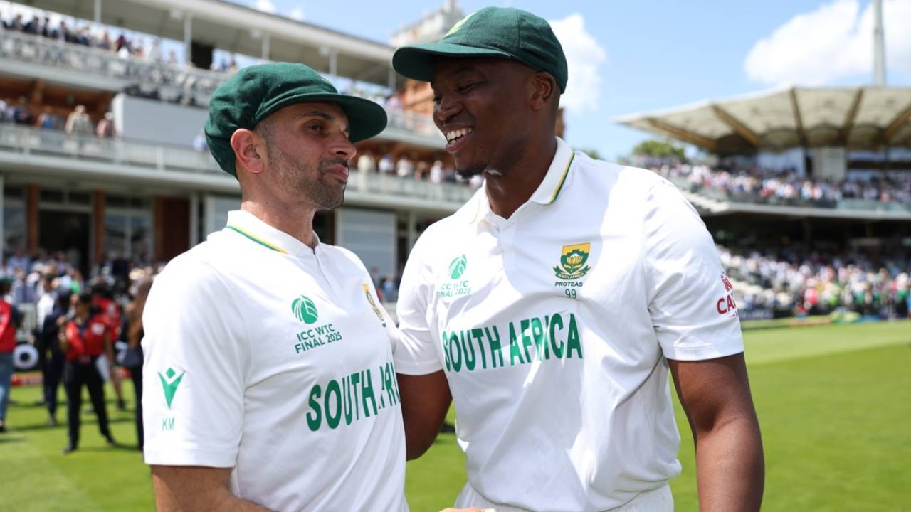 An emotional Keshav Maharaj celebrates the win with Lungi Ngidi, Australia vs South Africa, World Test Championship final, fourth day, Lord's, June 14, 2025