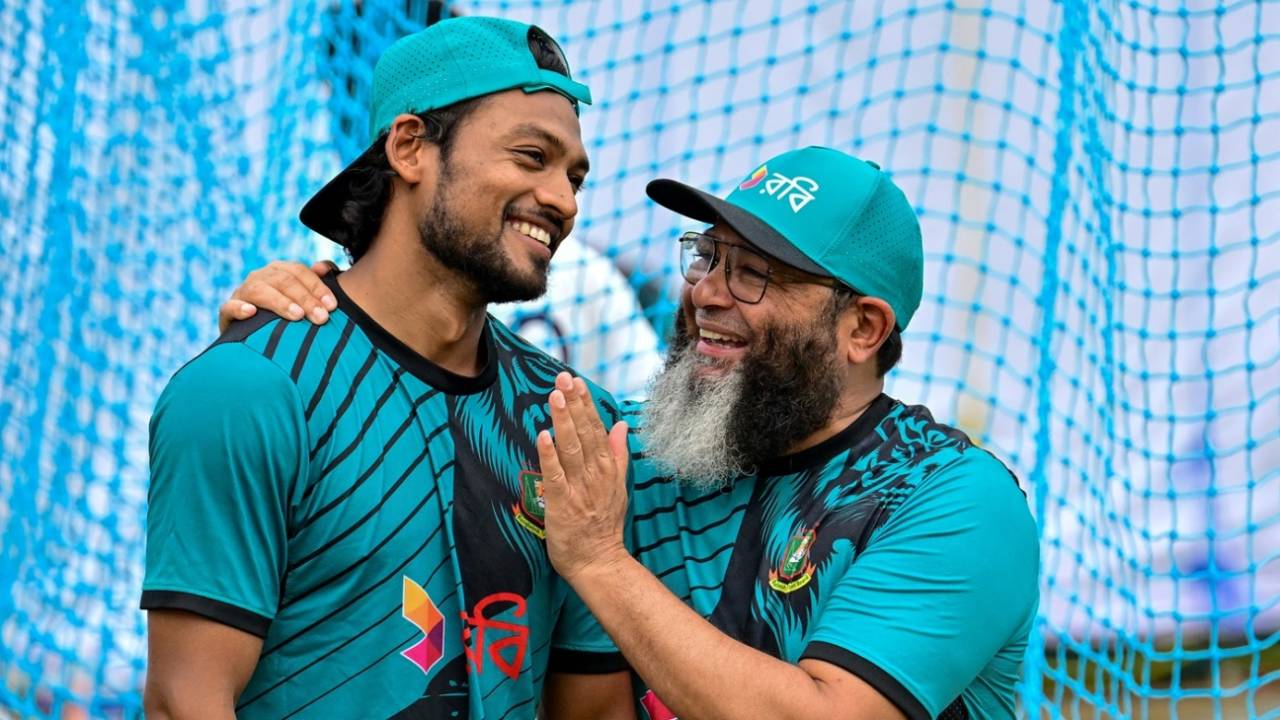 Najmul Hossain Shanto shares a lighter moment with spin-bowling coach Mushtaq Ahmed, Galle, June 15, 2025
