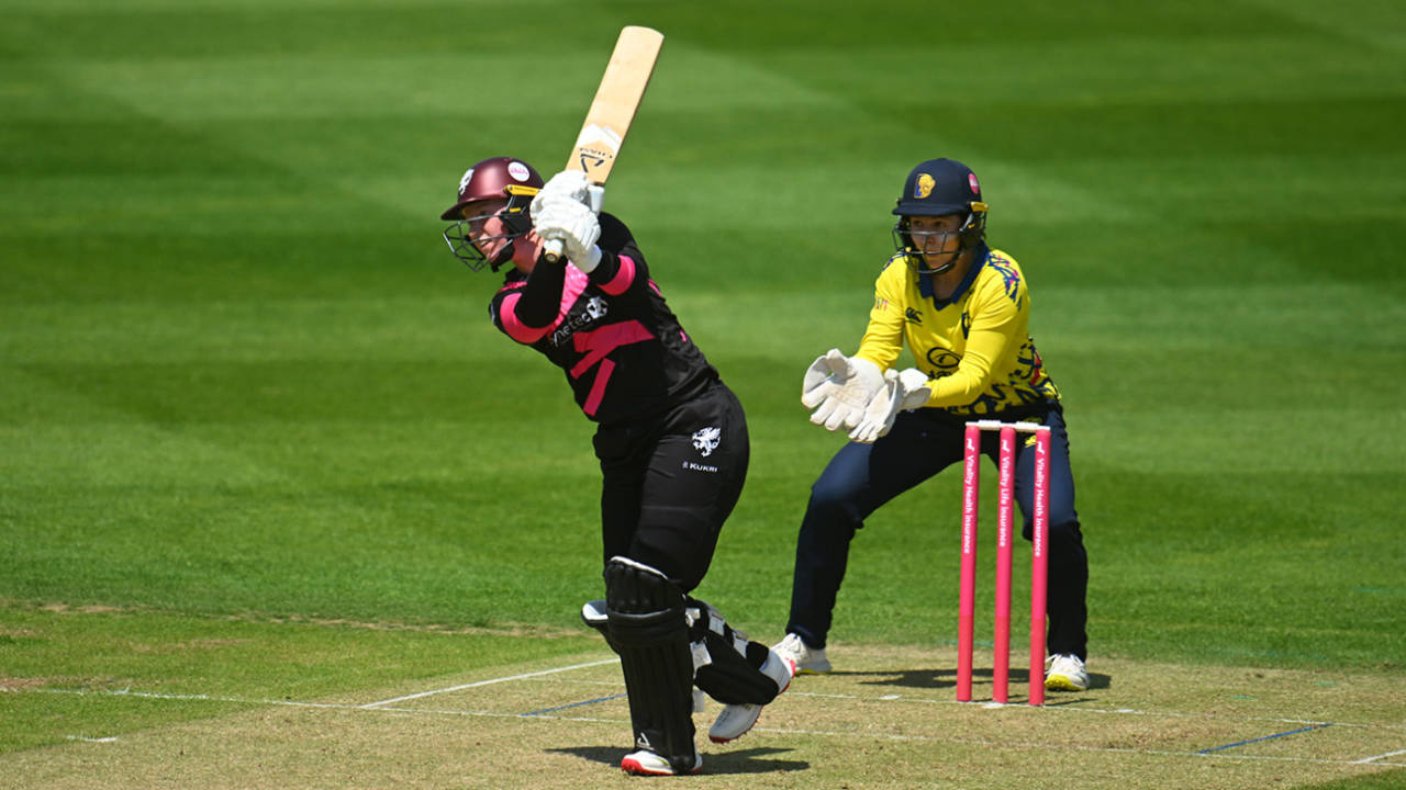 Rebecca Odgers comes down to drive, Somerset vs Durham, Women's T20 Blast, Taunton, June 15, 2025