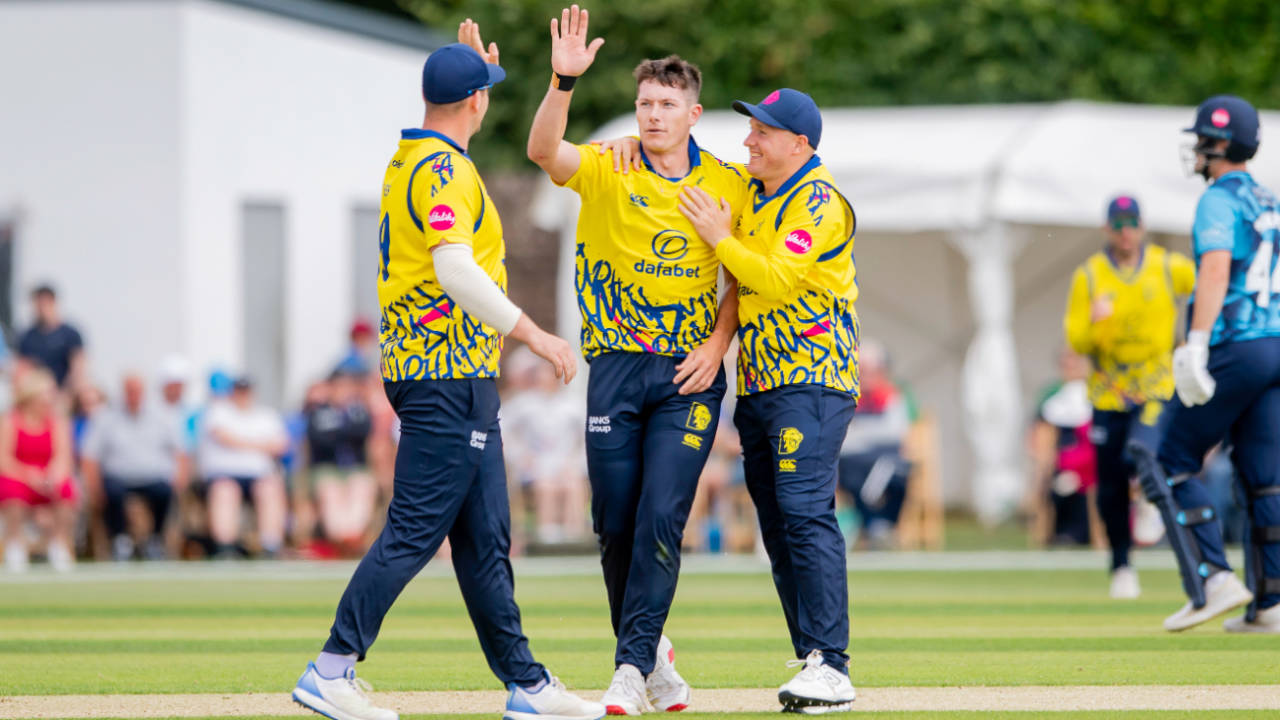 Matthew Potts celebates a breakthrough, Yorkshire vs Durham, Men's Vitality Blast, York, June 15, 2025
