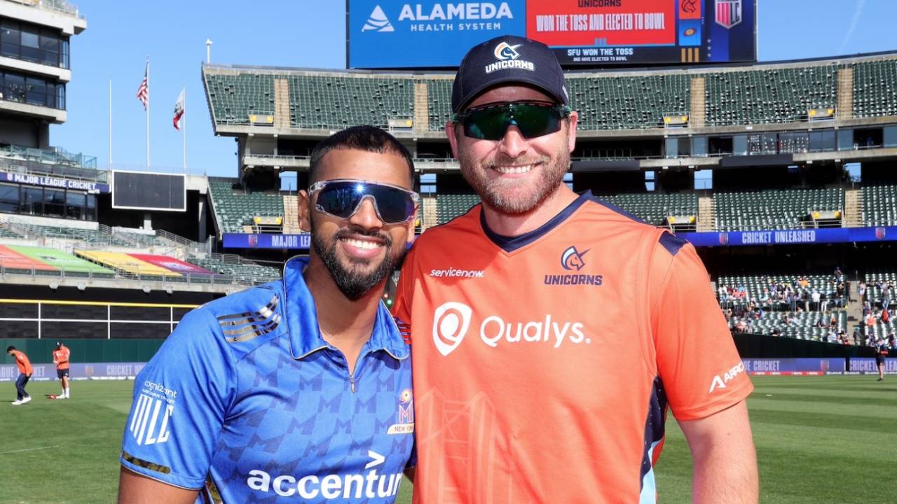 Nicholas Pooran and Corey Anderson, the captains, strike a pose, San Francisco Unicorns vs MI New York, MLC 2025, Oakland, June 15, 2025