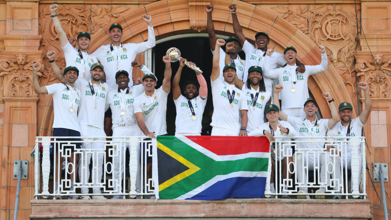 South Africa's players celebrate with the WTC mace on the Lord's balcony, Australia vs South Africa, World Test Championship final, fourth day, Lord's, June 14, 2025