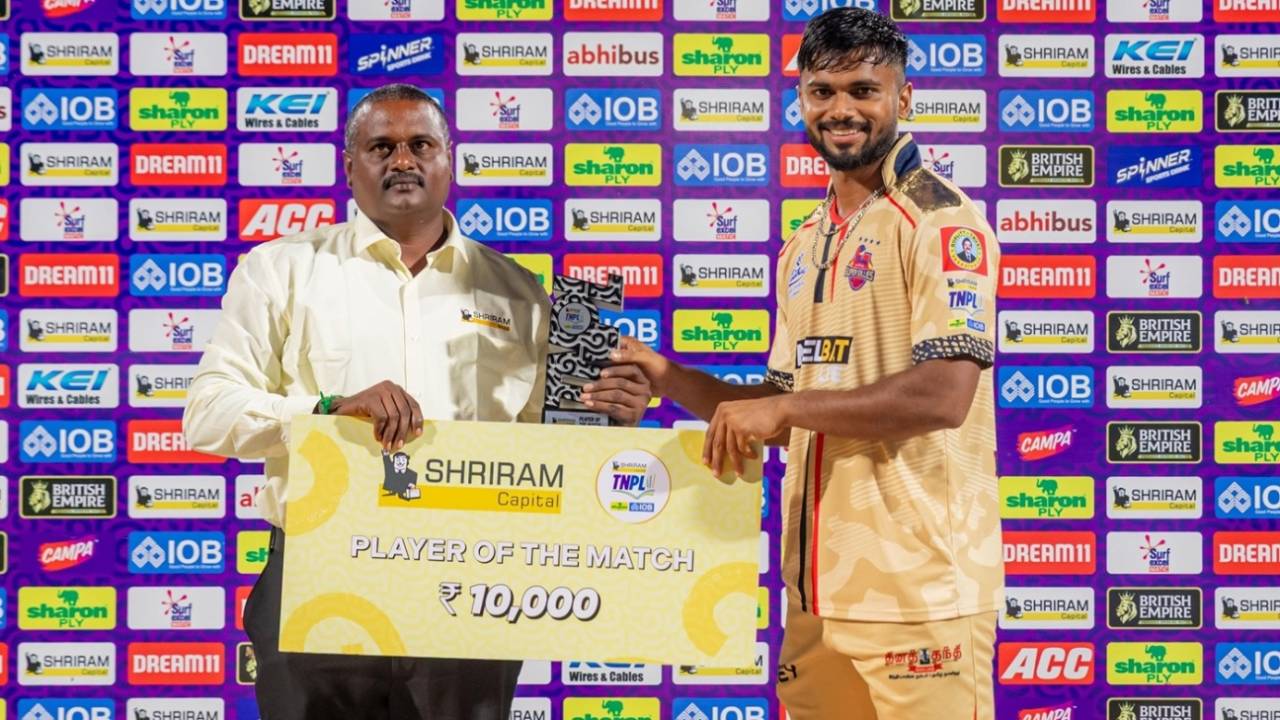 Lokesh Raj won the Player-of-the-match award for his five-wicket haul, Chepauk Super Gillies vs Dindigul Dragons, TNPL 2025, Salem, June 16, 2025