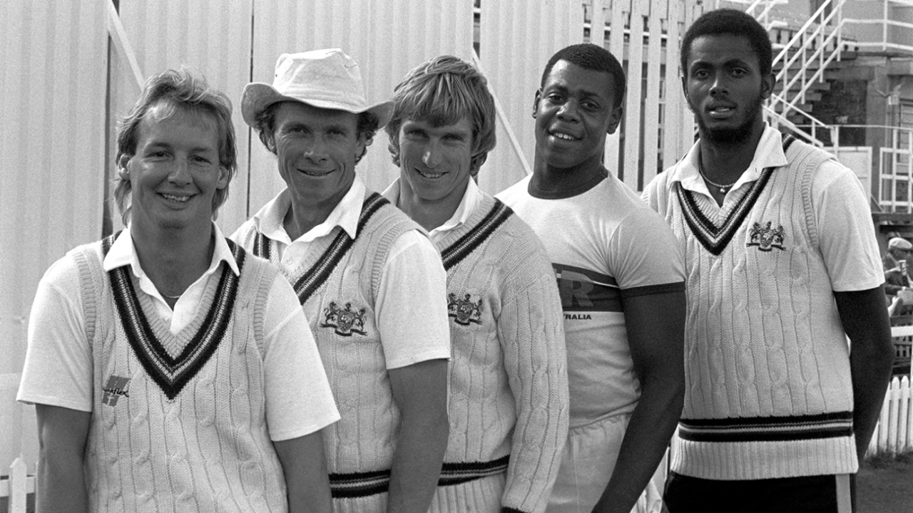 Gloucestershire's Jeremy Lloyds, Brian Davison, Kevin Curran, David Lawrence and Courtney Walsh pose for a photo, Bristol, May 9, 1985