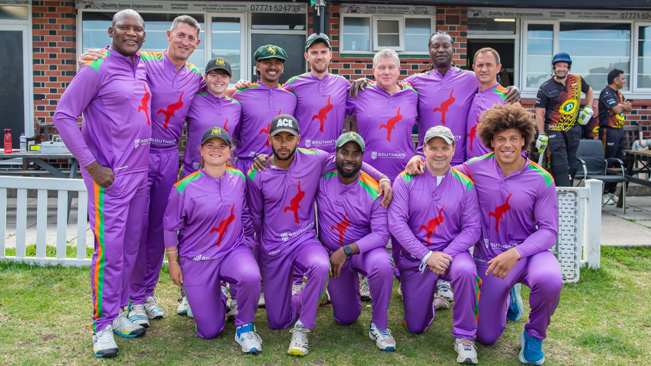 The Syd Lawrence All Stars XI, featuring former players Devon Malcolm, JJ Lewis, Martyn Ball, Norman Cowans, Tim Hancock and Matt Windows, at a charity match at Downend Cricket Club in Bristol, June 6, 2025