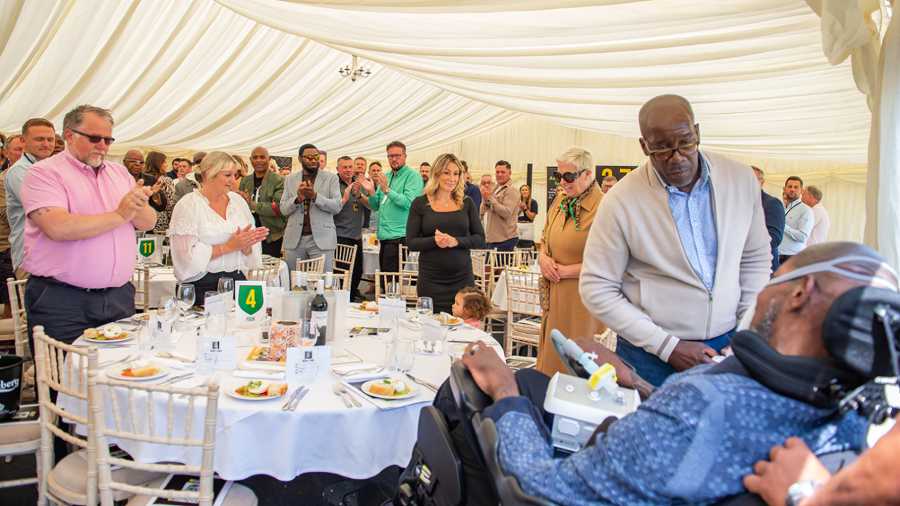 David Lawrence (right corner) at a charity event to raise money for his care and treatment for Motor Neurone Disease and for the MND Association, Downend Cricket Club in Bristol, June 6, 2025