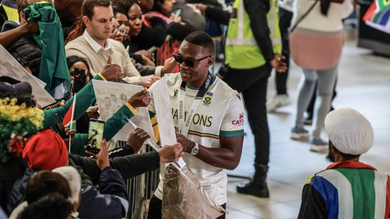 Kagiso Rabada had plenty of autographs to sign upon his arrival, Tambo International Airport, Kempton Park, June 18, 2025