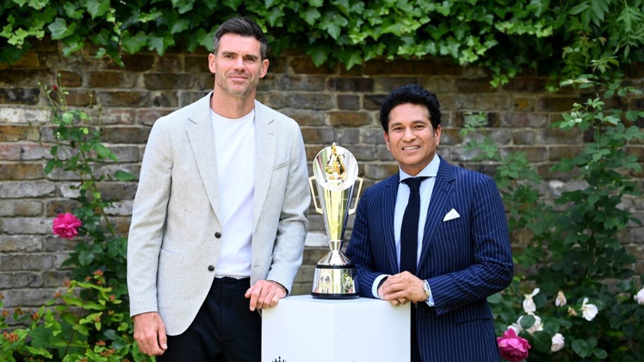 James Anderson and Sachin Tendulkar pose with the trophy that bears their names, London, June 14, 2025
