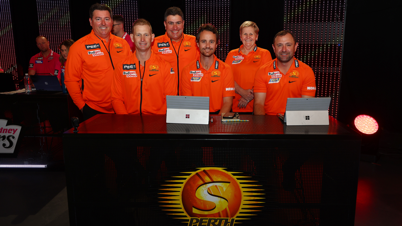 David Fitzgerald, Adam Voges, Justin Michael, Beau Casson, Christina Matthews and Kade Harvey of the Perth Scorchers attend the BBL draft, Melbourne, August 28, 2022