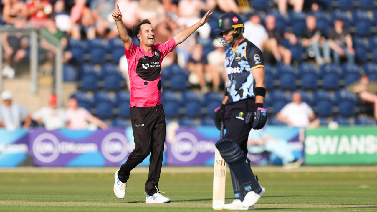Lewis Gregory celebrates a wicket, Glamorgan vs Somerset, Men's T20 Blast, Cardiff, June 20, 2025