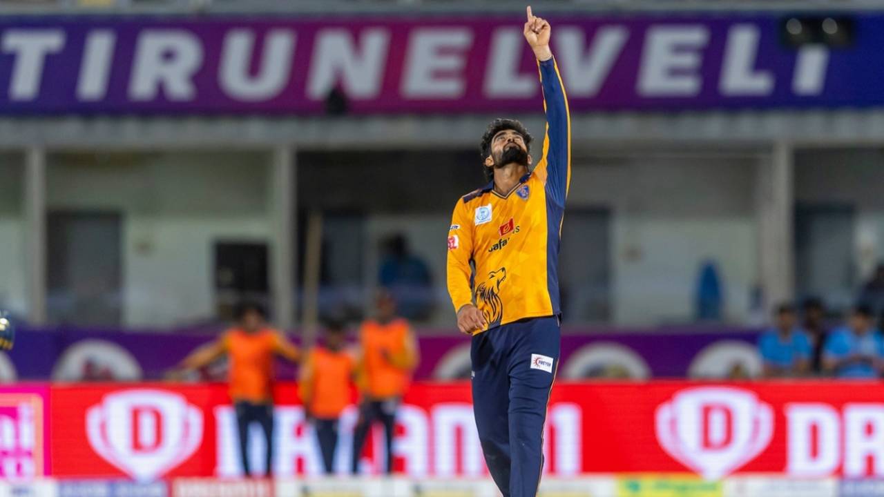 R Sonu Yadav celebrates a wicket, Nellai Royal Kings vs Lyca Kovai Kings, TNPL 2025, Tirunelveli, June 21, 2025