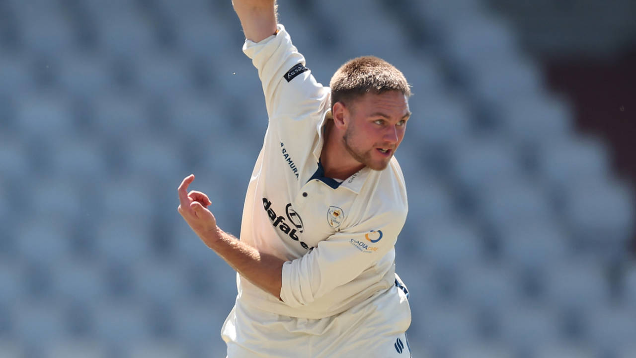 Jack Morley in his follow through, Lancashire vs Derbyshire, County Championship, Division Two, Old Trafford, May 17, 2025