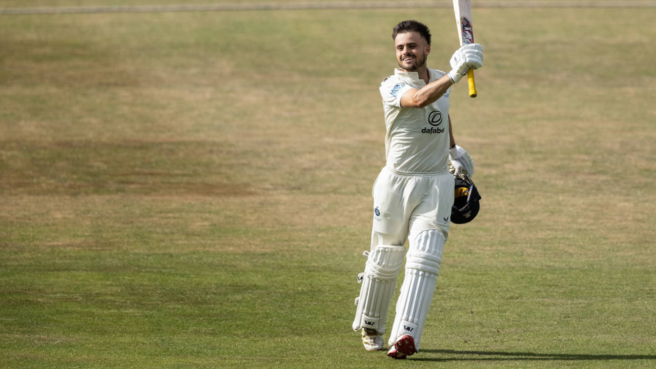 Joe Cracknell celebrates his maiden first-class hundred, Northamptonshire vs Middlesex, County Championship, June 22, 2025