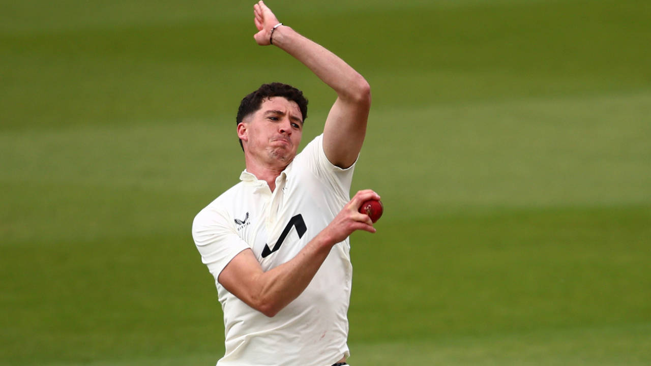 Matt Fisher jumps into his delivery stride, Surrey vs Yorkshire, County Championship, Division One, Kia Oval, May 18, 2025